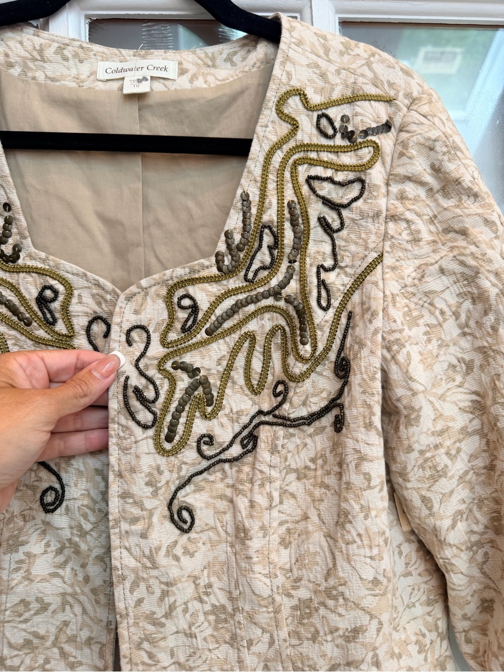 Coldwater Creek Tan Boho Beaded Sequin Embellished Open Blazer Jacket Size 10 M - Picture 2 of 14
